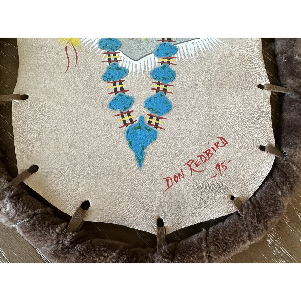Vintage Native American Art, Set of 2 Buffalo shields on leather by Don Redbird - Picture 12 of 16